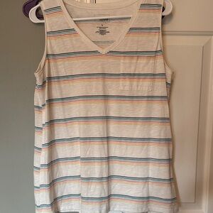 Women's Striped V-Neck Tank Top - White with Multicolor Stripes